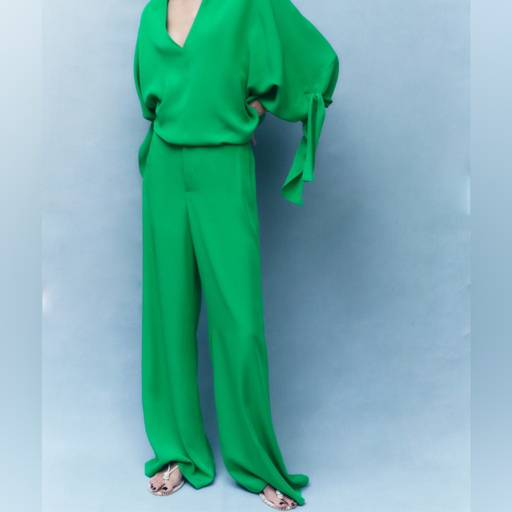 Zara Flowy Palazzo Pants Trousers - Green - Picture 2 of 8